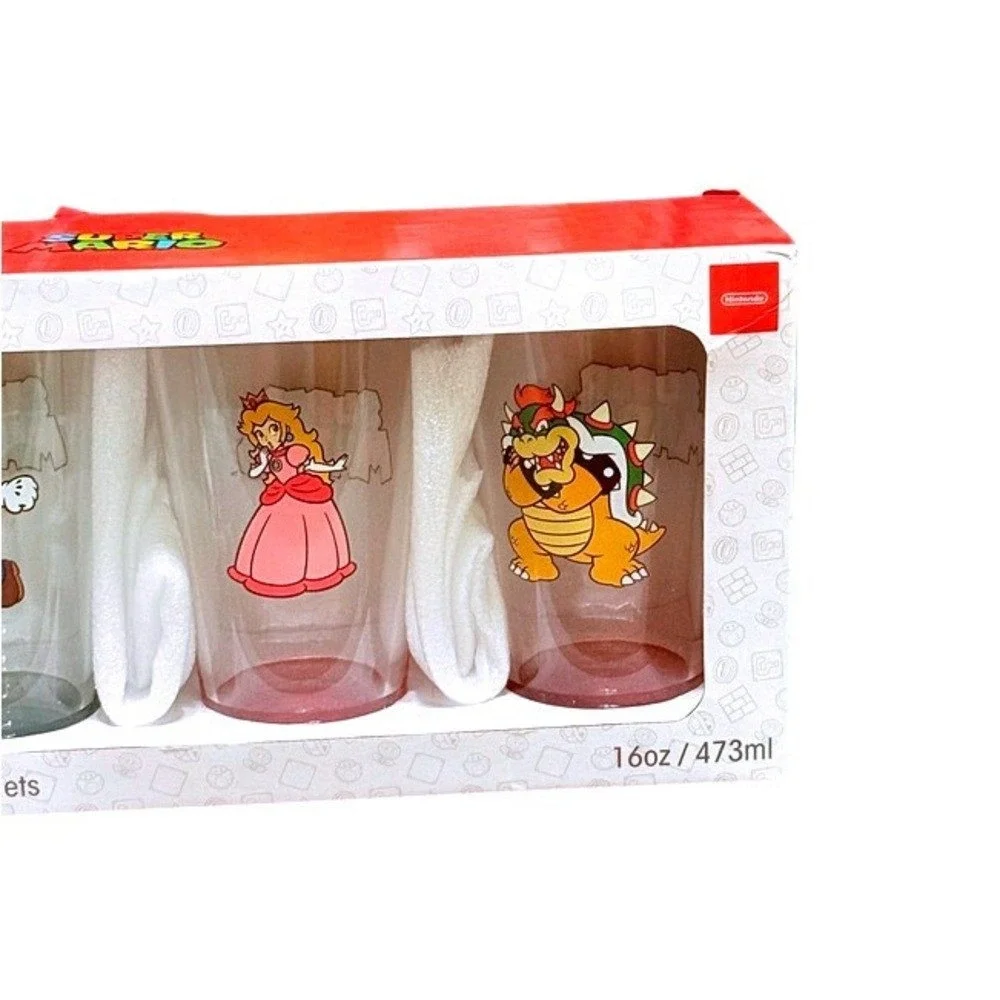 Nintendo Super Mario Set of 4 Glass Tumblers 16oz Mario Luigi Peach Bowser NIB